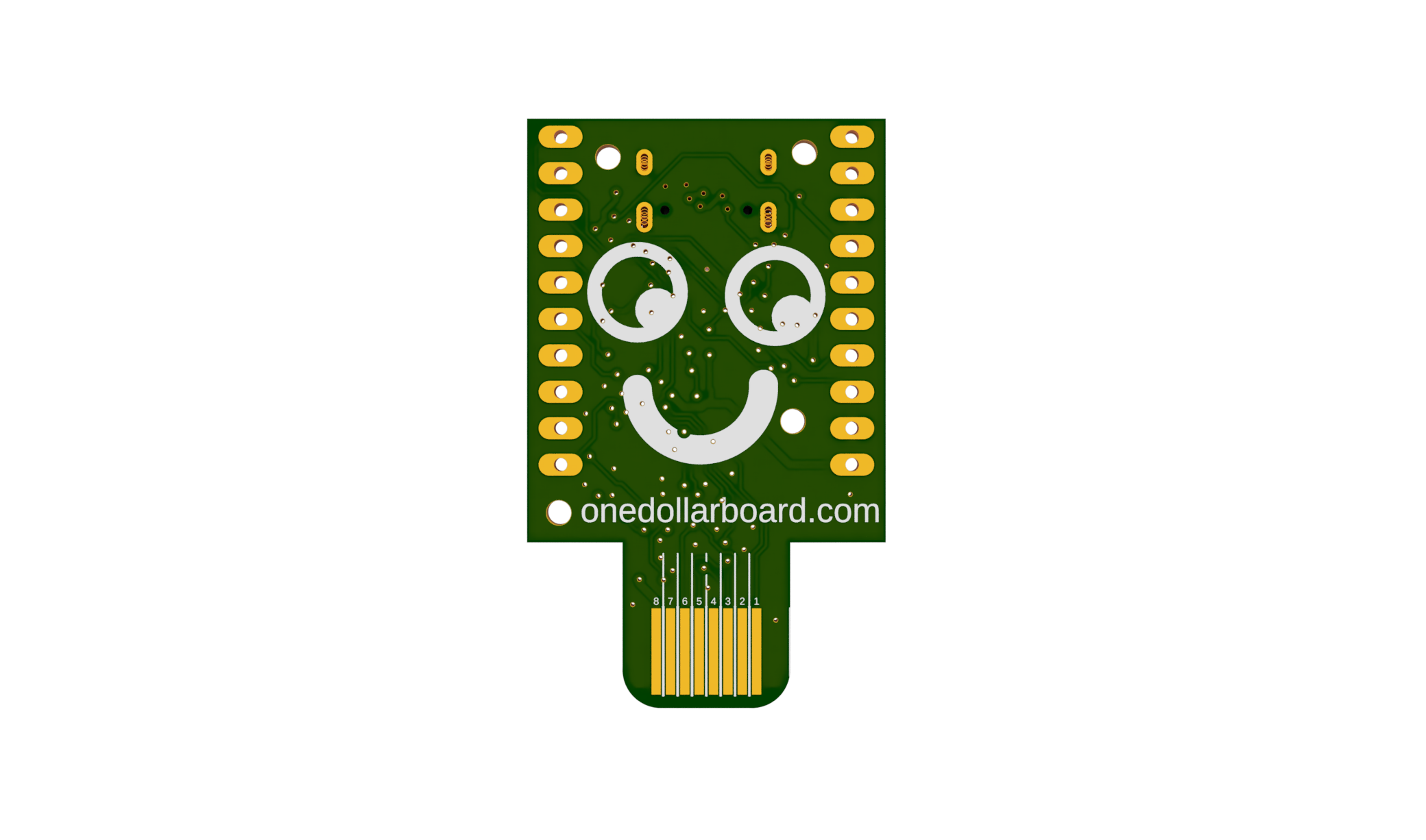 One Dollar Board — green PCB with a friendly face